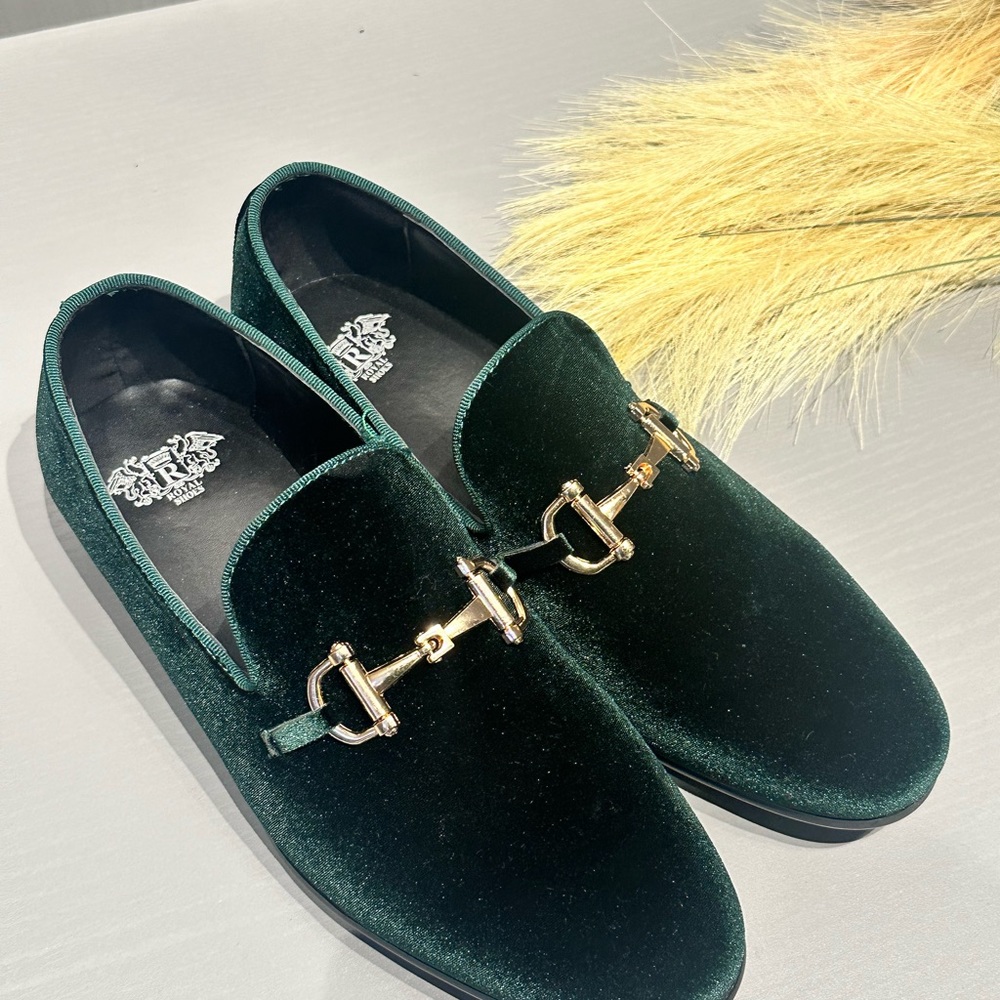 Royal shoes men's hunter green velvet slip on gold buckle fashion design